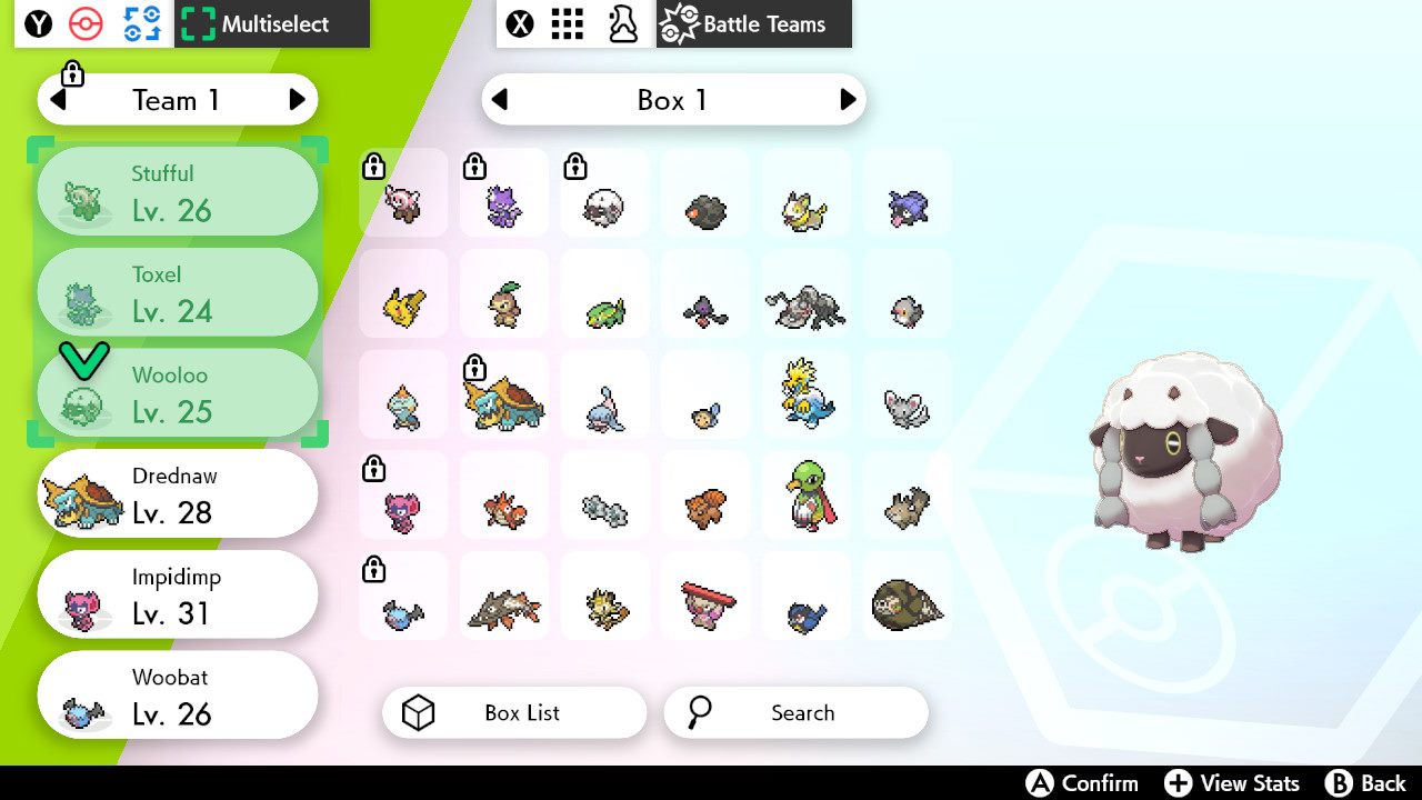 Step 3: Press the 𝗔 button to start selecting Pokémon, select the entire team, and then press the 𝗔 button again to confirm the selection..
