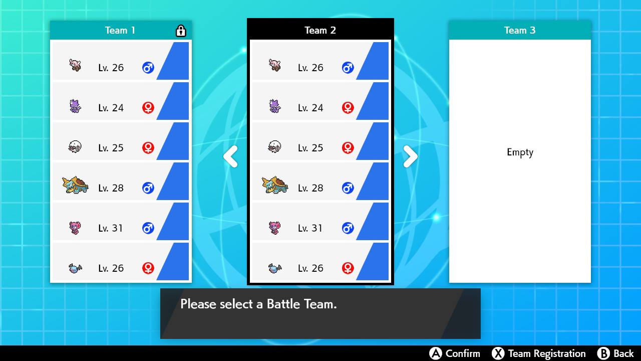 Step 6: Press the 𝗕 button to go back to the Battle Team selection screen. Switch to the Battle Team you just created, and choose that team to enter.